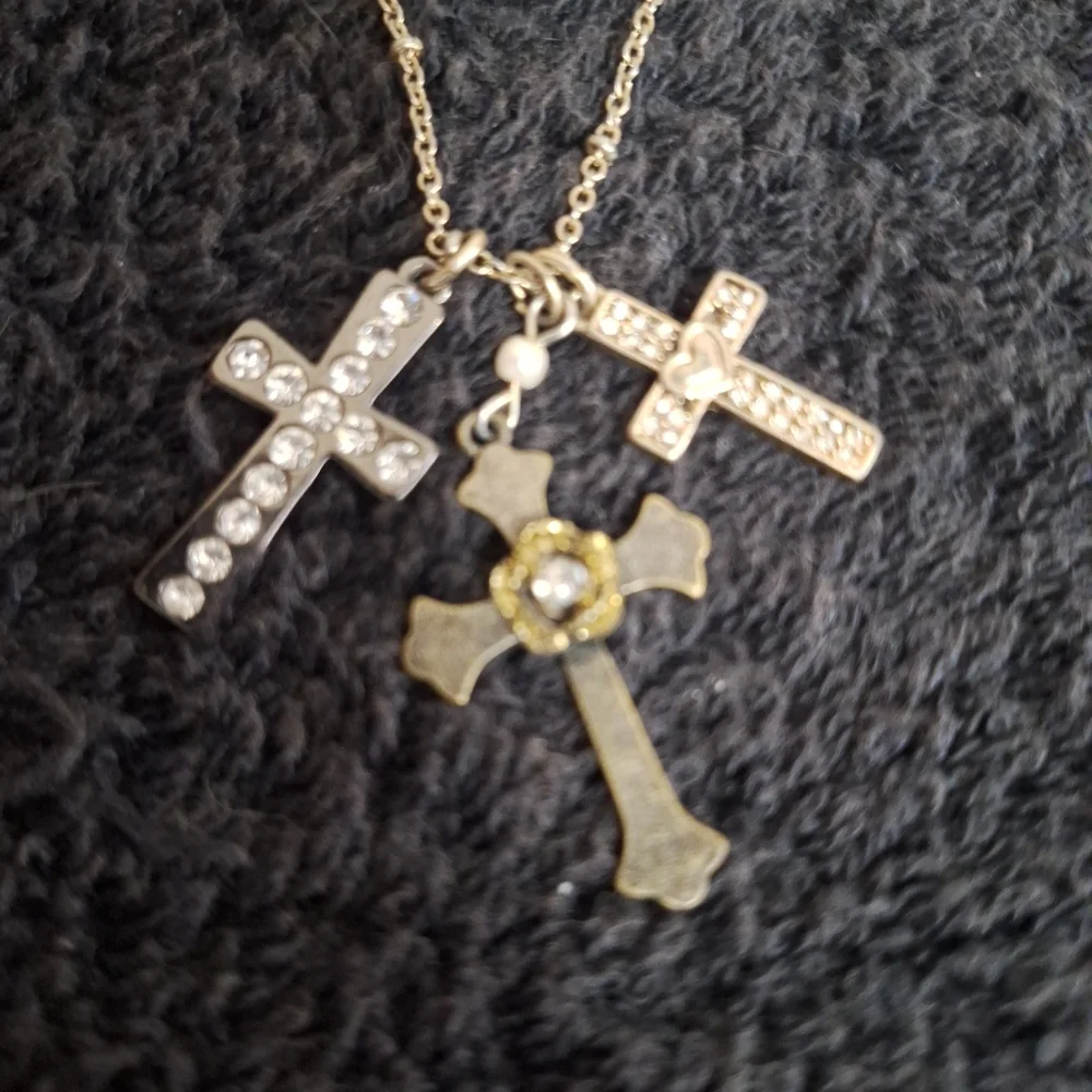 Betsey Johnson Multi Tone Gold Cross Trio Necklace - Rhinestone